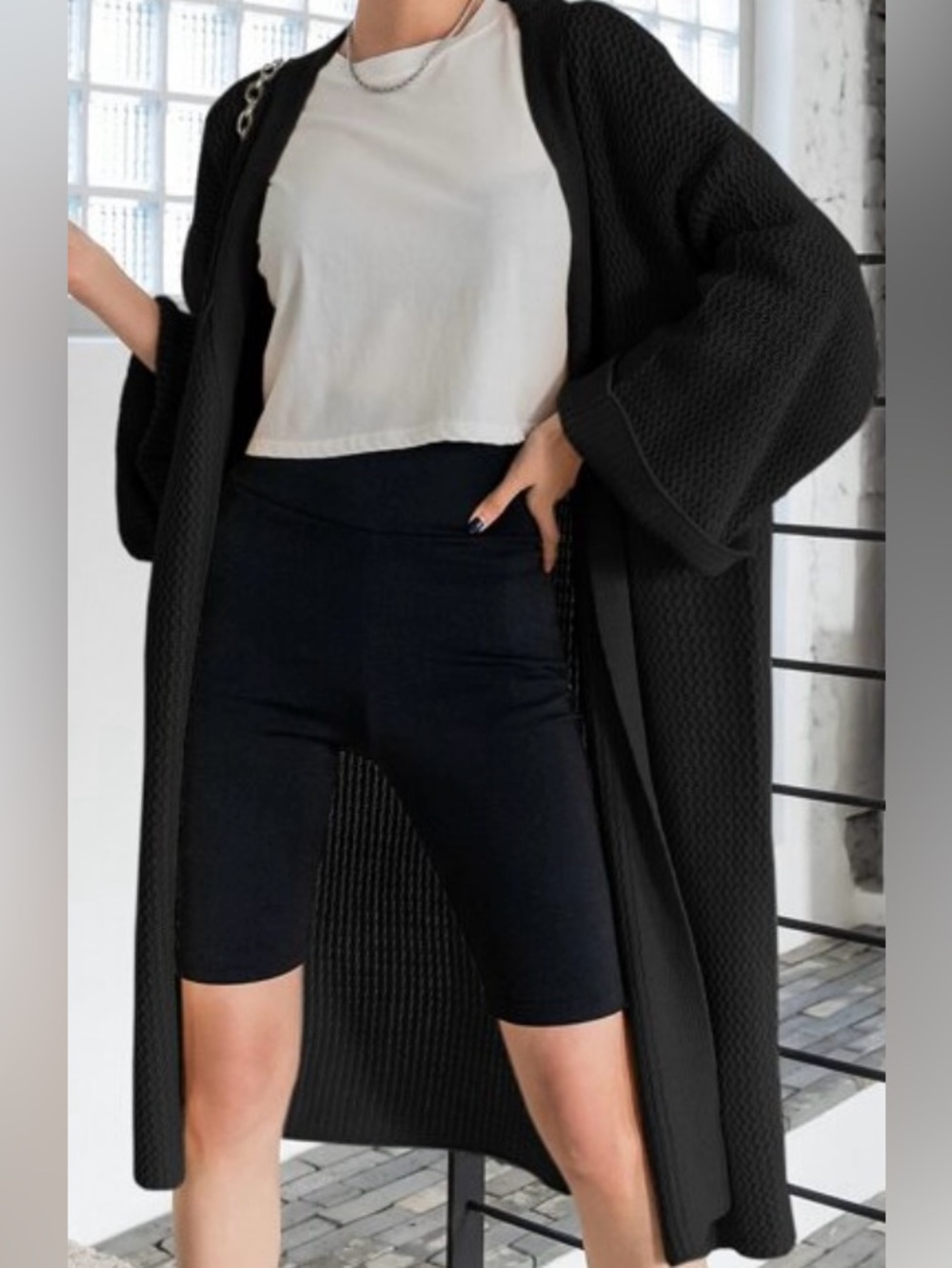 Dazy Drop-shoulder Knit Oversized Cardigan with Three-Quarter Sleeves in Black